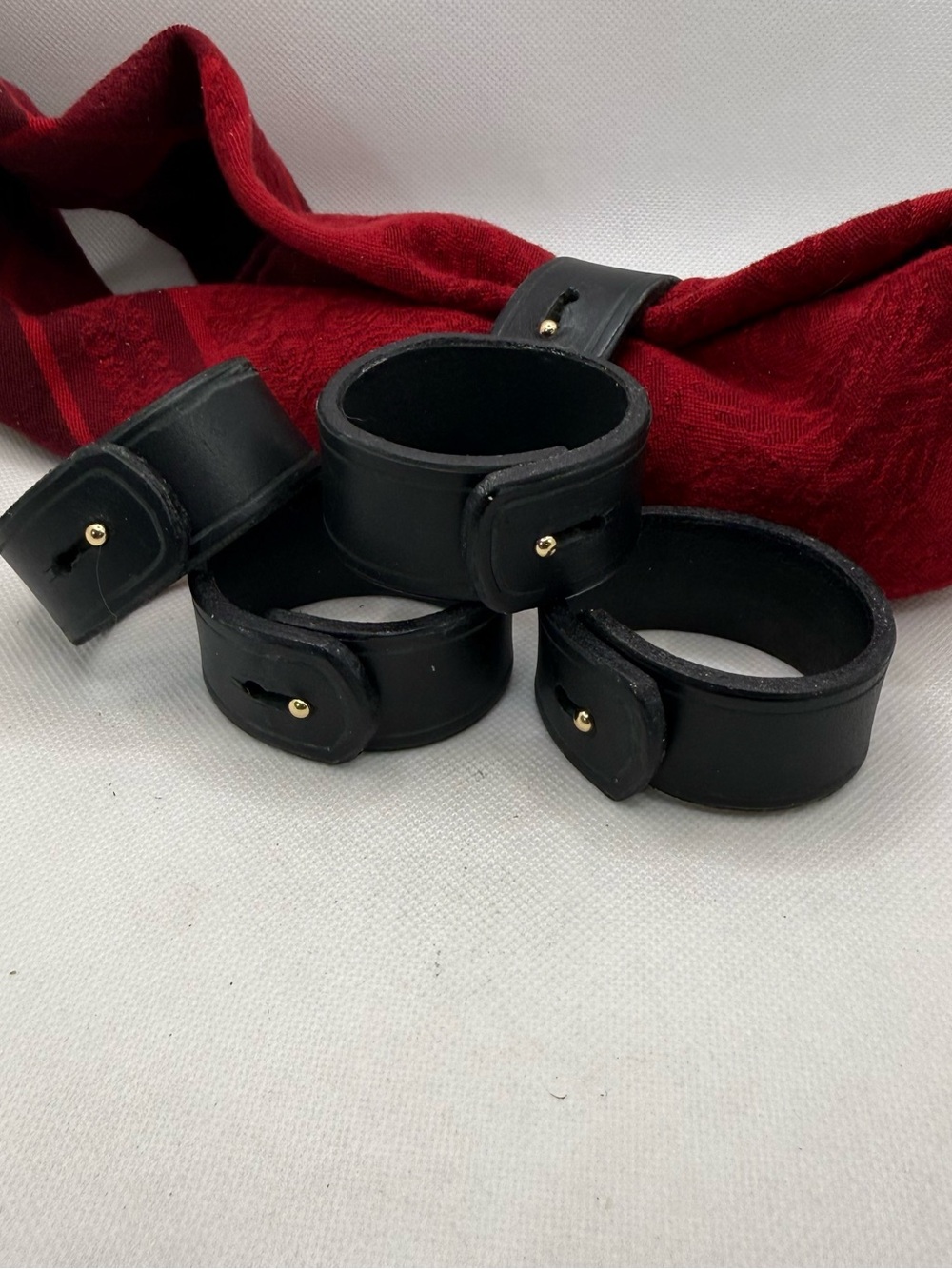 Handmade Black Leather Napkin Rings Set of 5 with Gold-Tone Studs